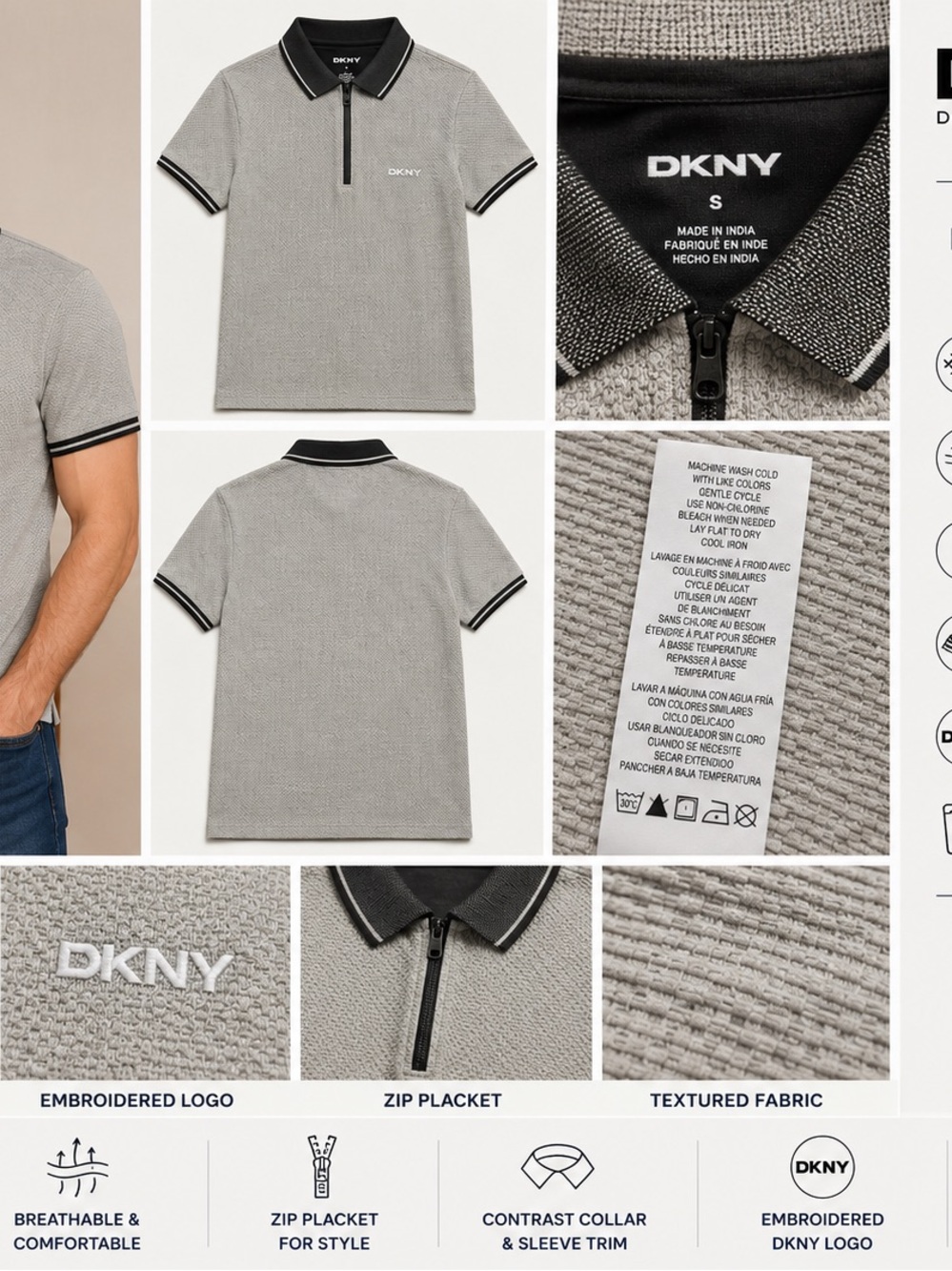 DKNY Men's Textured Polo Shirt Small Beige with Dark Gray Collar and Sleeve Trim